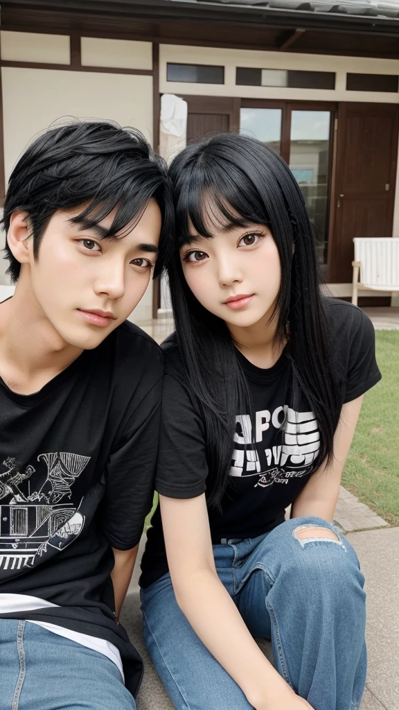 Anime boy and girl, who are best friends, have black hair, look very cute, age of 26 years, korean style
