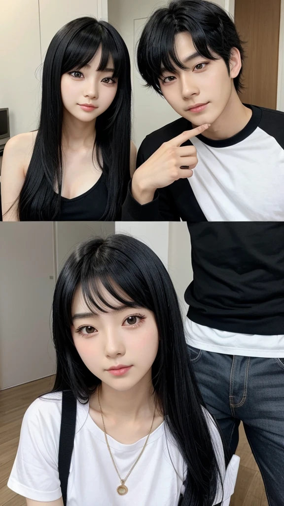 Anime boy and girl, who are best friends, have black hair, look very cute, age of 26 years, korean style