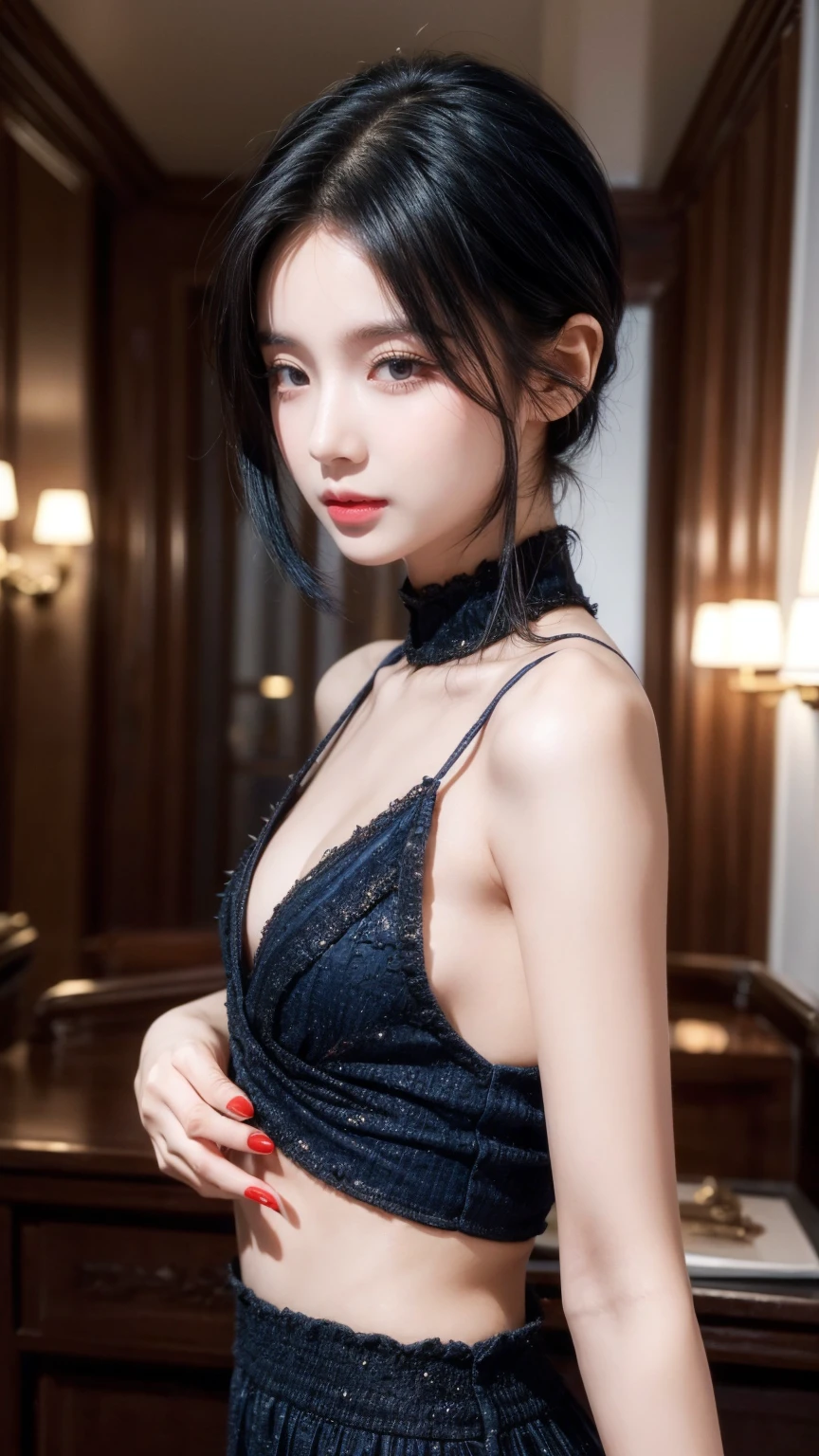(Skin dents:1.5), Realistic, Realistic, (masterpiece:1.5), Concept Art, Intricate details, Very detailed, Realistic, Octane Rendering, 8k, Unreal Engine, Dynamic pose, Highest quality, High resolution, (Realistic Face:1.1), (超Realistic:1.1), ((full_body)), Perfect Eyes,(Shiny skin:1.2), (((Hairstyle))), (((perfect hand 1.5))), (Very detailed背景), ((Dynamic Background)), (Light), ((fine grain, High quality eyes, High quality face)), (((flowing Hairstyle))), wonderful, Written boundary depth, Bokeh, 4K, ((Gothic 1.5)),, Lightning, Glowing blue iris, (((Gorgeous dress for the evening))),Glittering necklace and earrings 1.5、hair ornaments