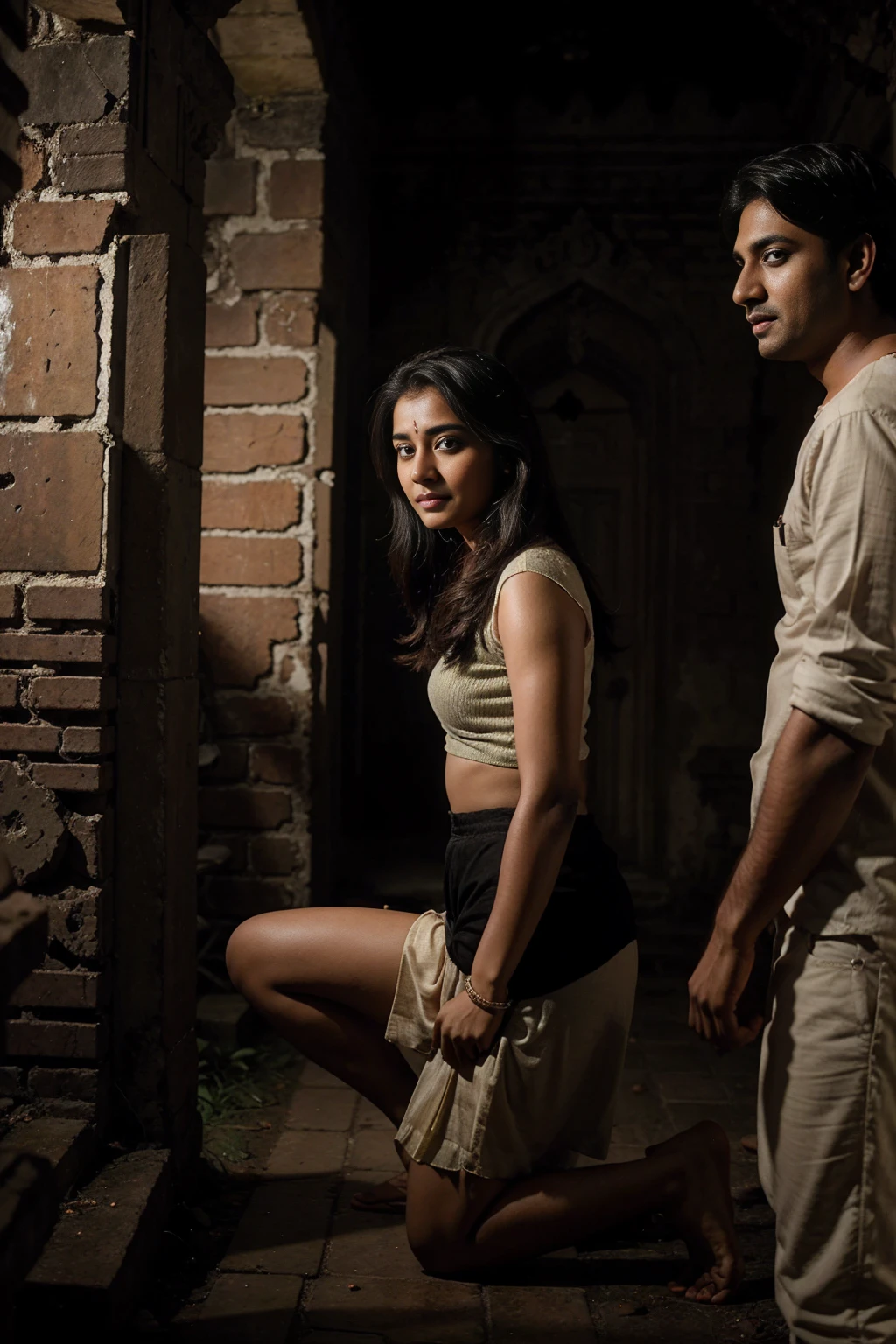 Aditi's eyes sparkled with excitement as she proposed to her friends to explore the 'Haunted Ruins.' Ankit's hesitant expression contrasted with Rahul's enthusiastic nod and Neha's curious gaze, creating a dynamic scene