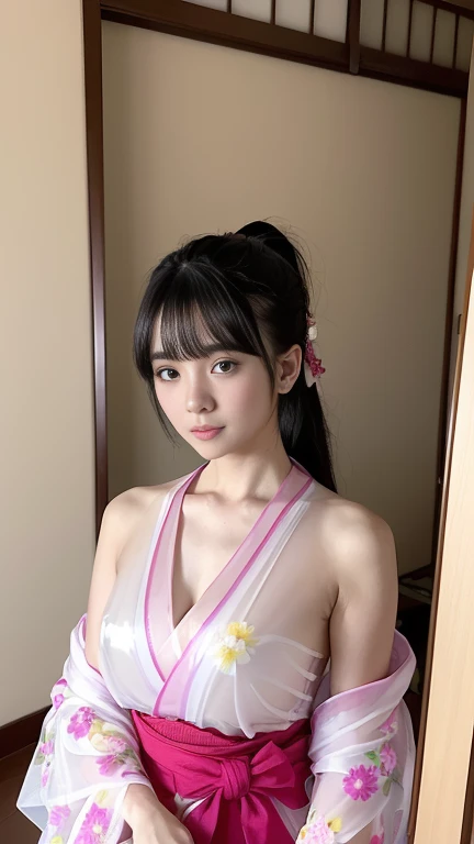 最high quality、high quality、best image quality、8K、最High resolution、High resolution、最high quality、masterpiece、realistic pictures、RAW photo、realistic atmosphere、(detailed face)、(fine hands、thumb１reference４)、(beauty of japan )、very nice face、cute face、((beautiful japanese girl))、(woman), ((18 year old beautiful girl))、(glossy black hair)、(straight long hair)、(ponytail)、whole body、slim style、(shiny skin)、(Fair skin, Glossy skin)、real human skin、realistic human body structure、perfect body， perfect face， perfect hands， perfect fingers， perfect lips， perfect eyes，perfect teeth、perfect background， perfect atmosphere， soft natural light、samurai kimono、maiko kimono、servant、geisha kimono、japanese kimono、Furisode、kimono、Yukata、japanese traditional、((There is a very large mirror in the room.))、((The girl in front of the mirror and the girl behind the mirror are identical twins..))、((The twin girls are facing each other with a mirror between them.))、((twin girls have the same appearance(The same face、same hairstyle、Same body type、Dress the same、Same pose))、((Twin girls are playing and imitating each other(pantomime))、((colorful transparent see-through(flowery kimono、Hakama with side slits))、Angle from a diagonal