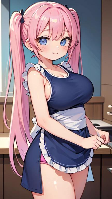 (masterpiece、Highest quality、Very detailed)、((One Girl))、((Pink Hair))、((Twin tails))、((Bright Blue Eyes))、smile、Earrings、((Very large breasts))、((Navy school swimsuit))、((Apron at waist))、Cowboy Shot、Kitchen Background