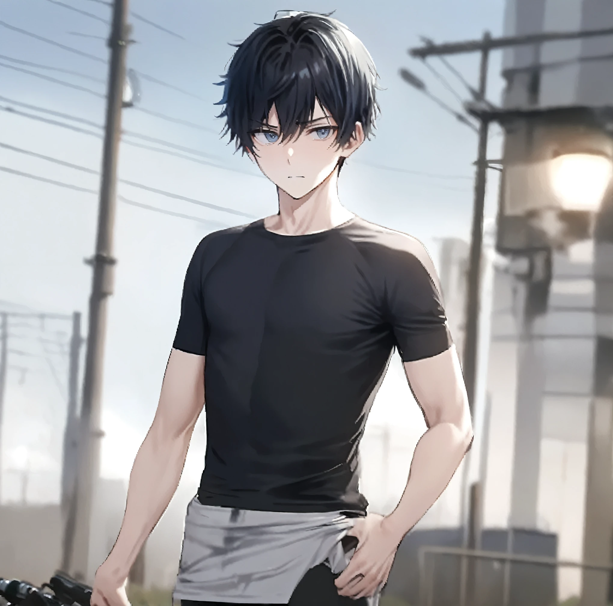 ((masterpiece)), ((1boy)), ((Cool sporty young man)), ((Road bike)), ((Handsome man with short black hair)), ((Light blue, narrow eyes)), ((Muscular))