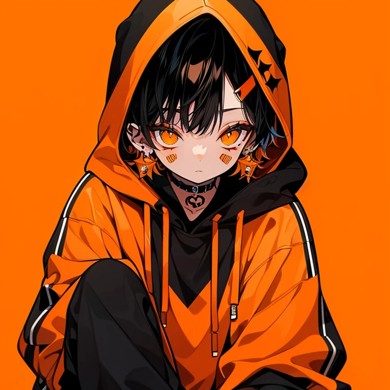 (African American Woman) , She is wearing a large orange-themed outfit.,Dressed up in a hoodie. Her laid back attitude、Vibrant,Spooky accessories. ((On an orange background)). Tattoo Array,
