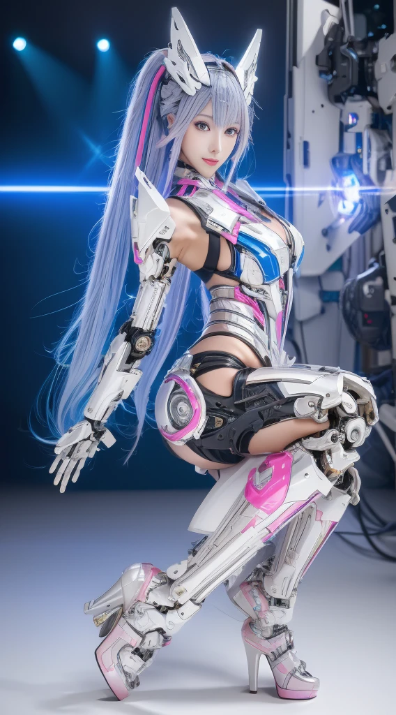 masterpiece, best quality, 1 girl, alone, perfect face, looking at the audience, skin tightening clear vinyl, Long blue hair, Gray eyes, pale skin, shanyaogaoda, Mecha, pink armor with white part, armor, helmet, Line Art, Dark, Low profile, sharp focus, octane, Backlight, machinery, Backlight, Shiny clothes, Mechanical legs, Thruster, flight, hair accessories, High heel, Shiny, Artist Name, Permanent, thigh, pink eyes, teeth, look down, armored boots, , (big Mechanical background:1.2), Bare shoulders, Lips, machine, Look from the bottom up, role play, RAW photo, Beautifully, best quality, (Intricate details:1.3), Super detailed, Meticulous attention to detail, rich and colorful, 8k ultra high definition, film grain, (Studio lighting:1.2), (Fuji XT3), (photorealistic:1.3), (Delicate skin:1.2)Ultra-high resolution, A park with a lake outside, best quality, photo, 4K, (photorealistic:1.4)
