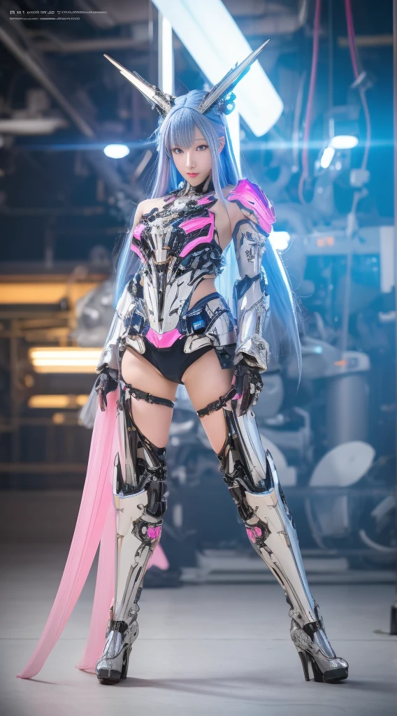 masterpiece, best quality, 1 girl, alone, perfect face, looking at the audience, skin tightening clear vinyl, Long blue hair, Gray eyes, pale skin, shanyaogaoda, Mecha,  pink armor with white part,  armor, helmet,  Line Art, Dark, Low profile, sharp focus, octane, Backlight, machinery, Backlight, Shiny clothes, Mechanical legs, Thruster, flight, hair accessories,  High heel, Shiny, Artist Name, Permanent, thigh, pink eyes, teeth, look down, armored boots, , (big Mechanical background:1.2), Bare shoulders, Lips, machine, Look from the bottom up, role play, RAW photo, Beautifully, best quality, (Intricate details:1.3), Super detailed, Meticulous attention to detail, rich and colorful, 8k ultra high definition, film grain, (Studio lighting:1.2), (Fuji XT3), (photorealistic:1.3), (Delicate skin:1.2)Ultra-high resolution, A park with a lake outside, best quality, photo, 4K, (photorealistic:1.4)