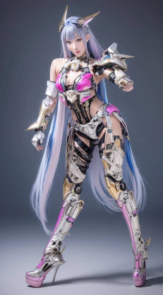 masterpiece, best quality, 1 girl, alone, perfect face, looking at the audience, skin tightening clear vinyl, Long blue hair, Gray eyes, pale skin, shanyaogaoda, Mecha,  pink armor with white part,  armor, helmet,  Line Art, Dark, Low profile, sharp focus, octane, Backlight, machinery, Backlight, Shiny clothes, Mechanical legs, Thruster, flight, hair accessories,  High heel, Shiny, Artist Name, Permanent, thigh, pink eyes, teeth, look down, armored boots, , (big Mechanical background:1.2), Bare shoulders, Lips, machine, Look from the bottom up, role play, RAW photo, Beautifully, best quality, (Intricate details:1.3), Super detailed, Meticulous attention to detail, rich and colorful, 8k ultra high definition, film grain, (Studio lighting:1.2), (Fuji XT3), (photorealistic:1.3), (Delicate skin:1.2)Ultra-high resolution, A park with a lake outside, best quality, photo, 4K, (photorealistic:1.4)