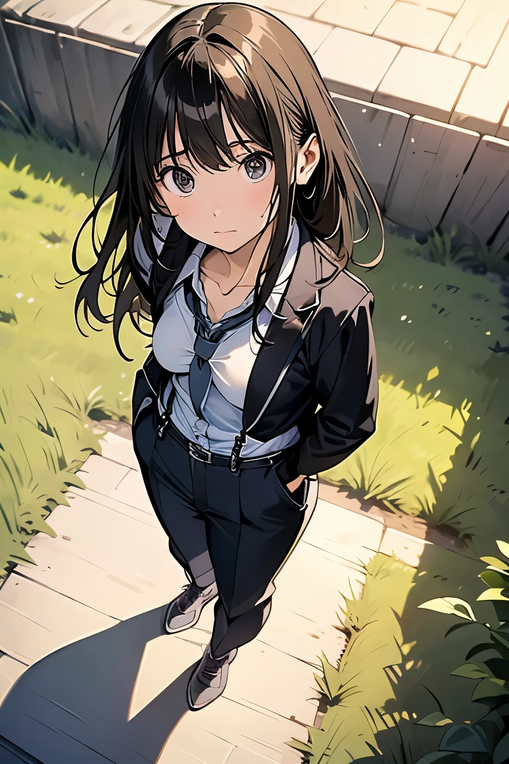 high quality, masterpiece, Ultra-high resolution, (realism: 1.4), Oil painting style, Cinema Lighting, An endless grassland dotted with a few houses, I stood on the empty asphalt road and looked at it., Fairy Mountain々was shrouded in mist, And the suspenders with the cranes flying Moderate breasts Small face holster Lying in bed Looking up Sweat belt summer 脇Sweat Black Hole Gloves suit shirt Black jacket Black trousers Leg Links ズボンにbelt holster Hands behind your back Anxious expression Looking up Anxious face