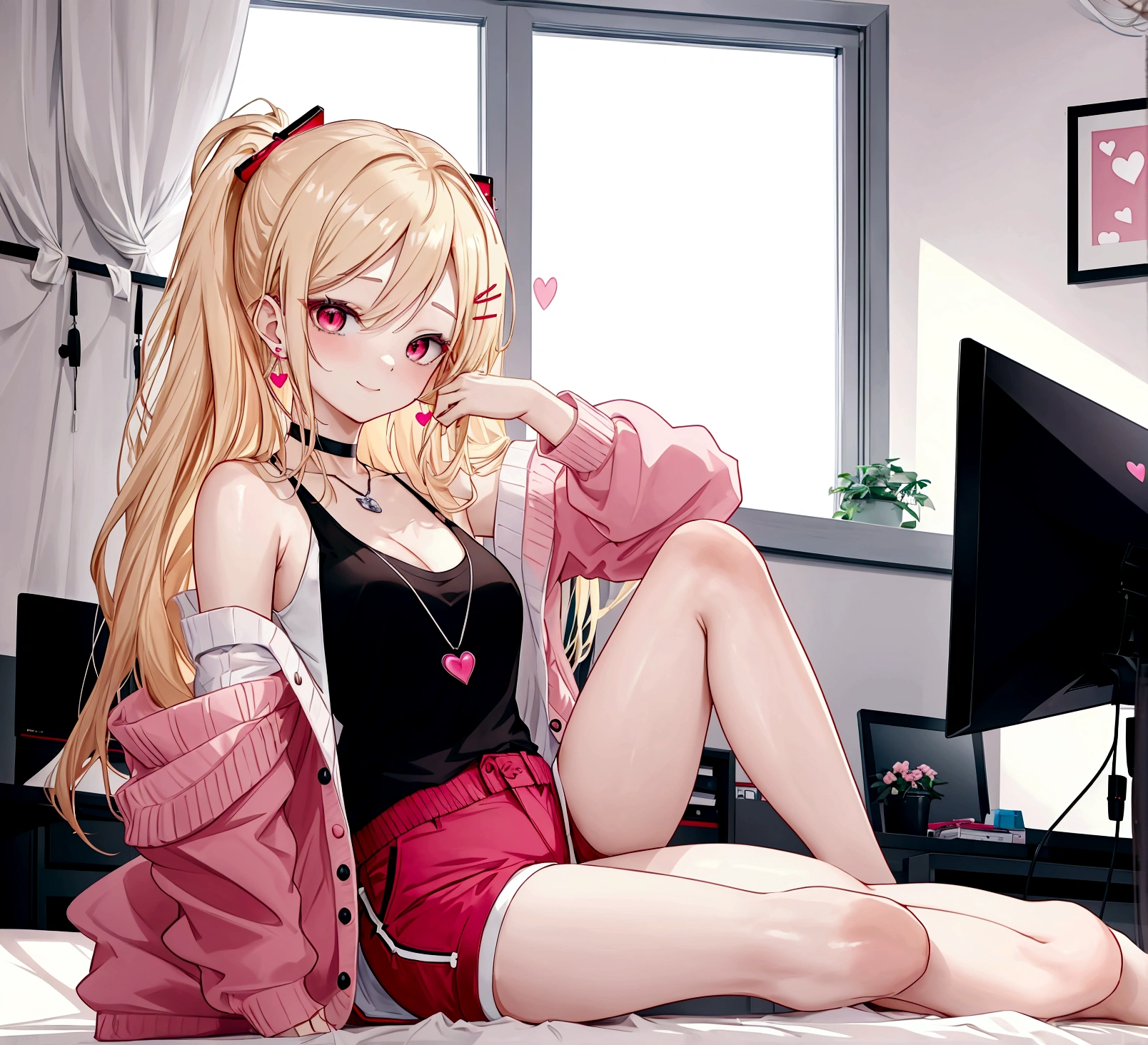 ((최고의 품질)), ((걸작)), (상세한), 여자 1명, Create an anime-style digital artwork of a character with long, straight, sleek blonde hair and bright red eyes. The character is wearing a white cardigan over a black tank top and dolphin shorts. She is accessorized with a pink heart pendant choker and long, decorative earrings. Her hair features a red heart hairpin on the side. The character is sitting in her room in front of a desktop computer, smiling warmly. The background should show a cozy room with soft lighting, with elements like a computer desk, monitor, and some personal items scattered around. The overall mood should be relaxed and inviting, capturing the essence of a casual day indoors.shiny forehead,slicked-back hair, forehead