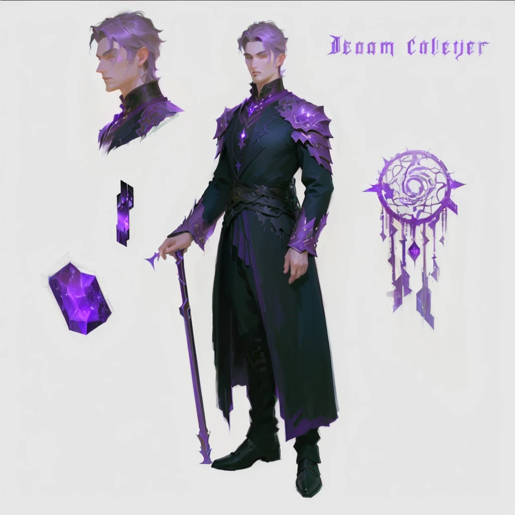 a man in a dark purple outfit is standing, !dream conceptual art, ryan glitter conceptual artist, unrealistic character concept, besides, What + conceptual art, The concept of a fantasy character, fantasy character design, ( ( character conceptual art ) ), arcane conceptual art, detailed character art, detailed character design, realistic character concept, [ character design ], male character design