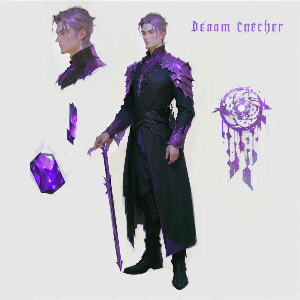 a man in a dark purple outfit is standing, !dream conceptual art, ryan glitter conceptual artist, unrealistic character concept, besides, What + conceptual art, The concept of a fantasy character, fantasy character design, ( ( character conceptual art ) ), arcane conceptual art, detailed character art, detailed character design, realistic character concept, [ character design ], male character design