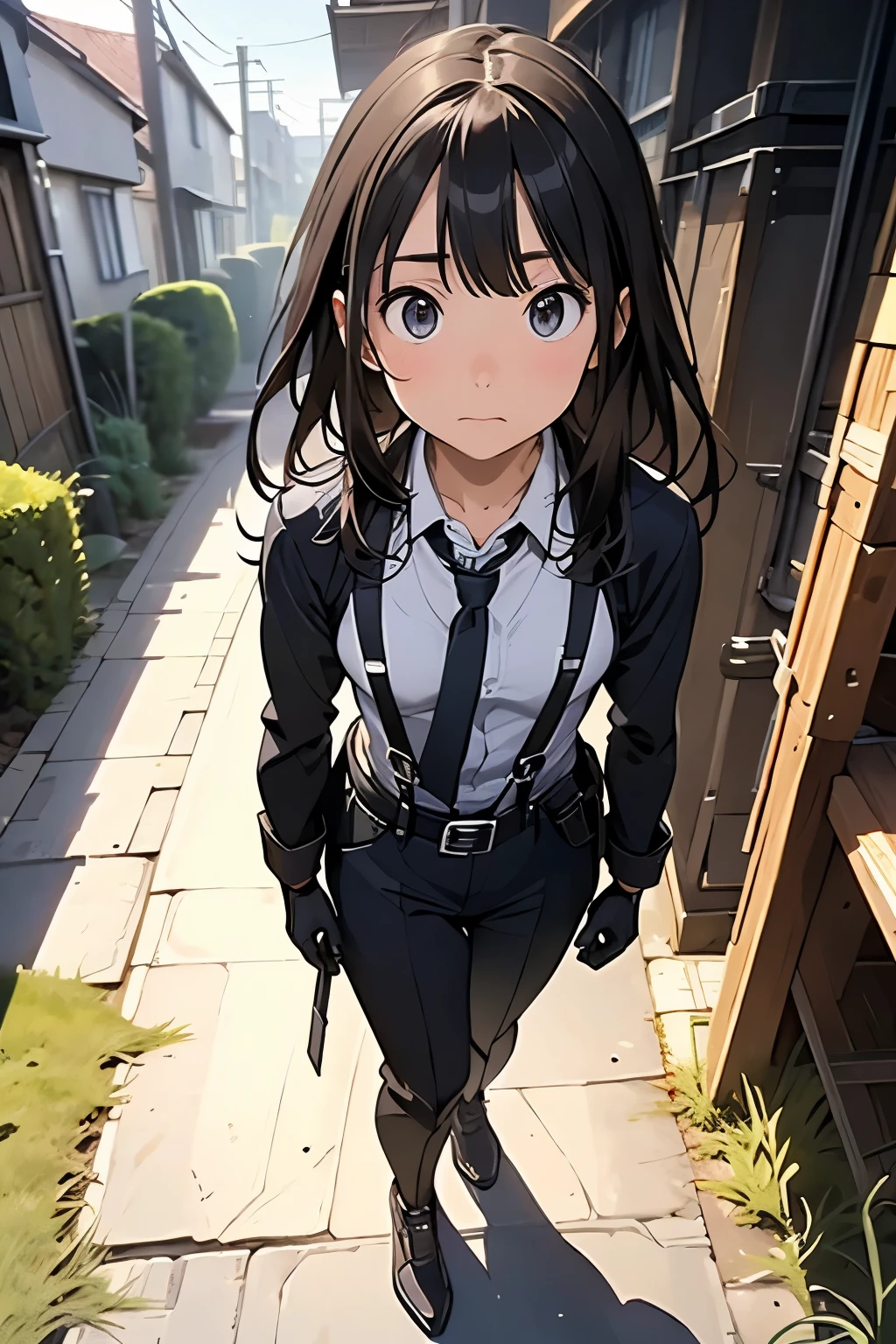 high quality, masterpiece, Ultra-high resolution, (realism: 1.4), Oil painting style, Cinema Lighting, An endless grassland dotted with a few houses, I stood on the empty asphalt road and looked at it., Fairy Mountain々was shrouded in mist, And the suspenders with the cranes flying　　　Moderate breasts　 　 　　　　Small face　 　　　holster　　　　　　　 Lying in bed　Looking up　　　　Sweat 　　　belt　summer　脇Sweat 　Black Hole Gloves　suit　shirt　　Black jacket　 Black trousers　Leg Links　ズボンにbelt　　holster　 　　Hands behind your back　 Anxious expression　Looking up　Anxious face