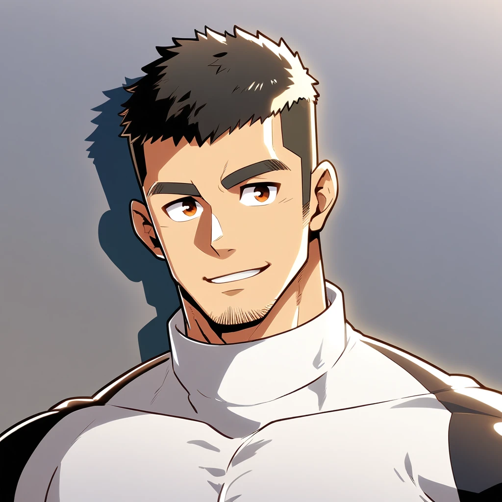 anime characters：Gyee, Muscle Sports Student, Buzz Cut, Manliness, male focus, Cute boy with big eyes, Mike White high collar long sleeve tight T-shirt, Slightly transparent material, Very tight, Round, full and perky chest muscles, Slightly transparent, muscular male, muscular, only, Upper body, alone, Black short hair, Thick eyebrows, stubble, Cute little eyes, Grey background, simple background, amazing quality, best aesthetics, Ridiculous, crew cut, parted lips, seductive smile, torogao, naughty face, drop shadow, best quality