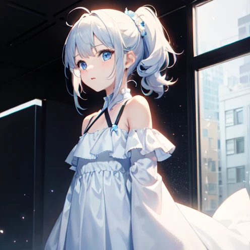 White ponytail、White and light blue dress、Shoulder Bare、Long sleeve、beautiful、Blue Eyes、Fluffy dress