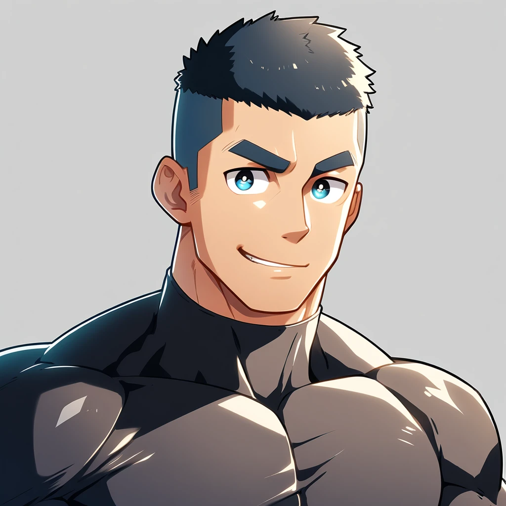 anime characters:Gyee, Muscle Sports Student, Buzz Cut, Manliness, male focus, Cute boy with big eyes, Mike White high collar long sleeve tight T-shirt, Slightly transparent material, Very tight, Round, full and perky chest muscles, Slightly transparent, muscular male, muscular, only, Upper body, alone, Black short hair, Thick eyebrows, stubble, Cute little eyes, Grey background, simple background, amazing quality, best aesthetics, Ridiculous, crew cut, parted lips, seductive smile, torogao, naughty face, drop shadow, best quality