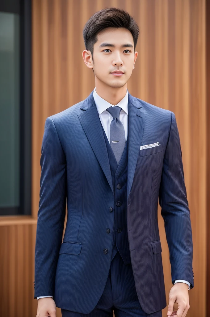 Brown striped suit、 30-year-old handsome employee、The hair is neat.It is not advisable to cut the beard short.no beard. (Super handsome S-class suit man)、 Japanese male, 30 years old、 merchant、 Super Deluxe Set、 office、 Stand up in a suitSyoung handsome man、 full body image、 (CG Unity 8K High Detail Photo)、 (a very detailedSThe most handsome boy in the class)、 (Photos are real)、 ((top quality))、 super detailed、 (Masterpiece)、 super high quality、 High、 audience、 gentleman、 very beautiful hair、 short hair、 bright photos、 As handsome as a model、 As handsome as an idol、 Luxury watches、 Eyes balanced looking at the audience with a slight smile