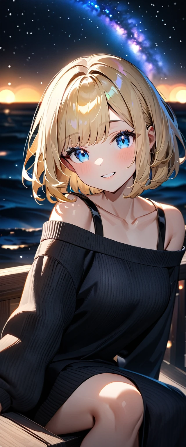 ((reaching)), (((focus on face))), ((Leaning to side)), (((a beautiful starry sky, the Milky Way shining beautifully in the night))), ((off-shoulder sweater:1.3, Quite thick shoulder straps)), ((black sweater)), ((Aran sweater)), ((((from side)))), ((sitting on the very high cliff)), wavy hair, inward curled hair, sea, ((blond hair, bob cut:1.3)), breasts, ager, (looking at viewer), oversized clothes, puffy long sleeves, collarbone, head tilt:1.3, (((blue eyes))), happy smile, (((anime style))), (best quality, 4K, 8K, highres, masterpiece:1.2, ultra-detailed, ultra-detailed eyes, HDR, uhd, studio lighting, ultra-fine painting, sharp focus, physically-based rendering, extreme detail description, professional, vivid colors, bokeh)