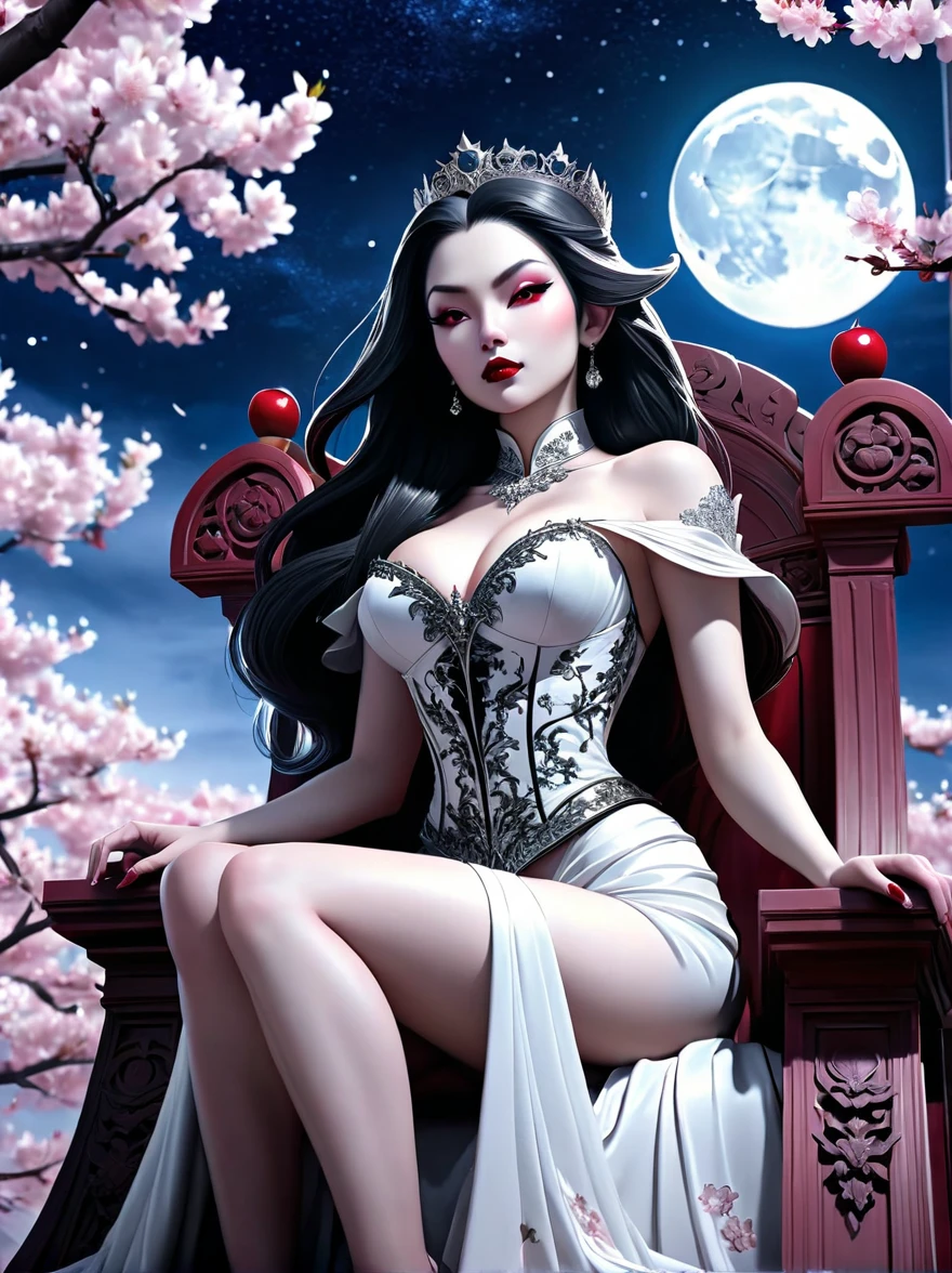 black and white lineart, LinhaAniAF, (low angle shot:1.3), (from front view:1.3), grand staircase rising towards the heavens, at the top a beautiful vampire queen ((sits on a menacing legendary throne)) (((gazing at viewer))), surrounded by cherry blossoms floating in the air, ethereal starry night sky as a background, the thick outlines emphasize his vampiric aura of power and dominance, a huge moon adds to it ((unearthly)) Presence