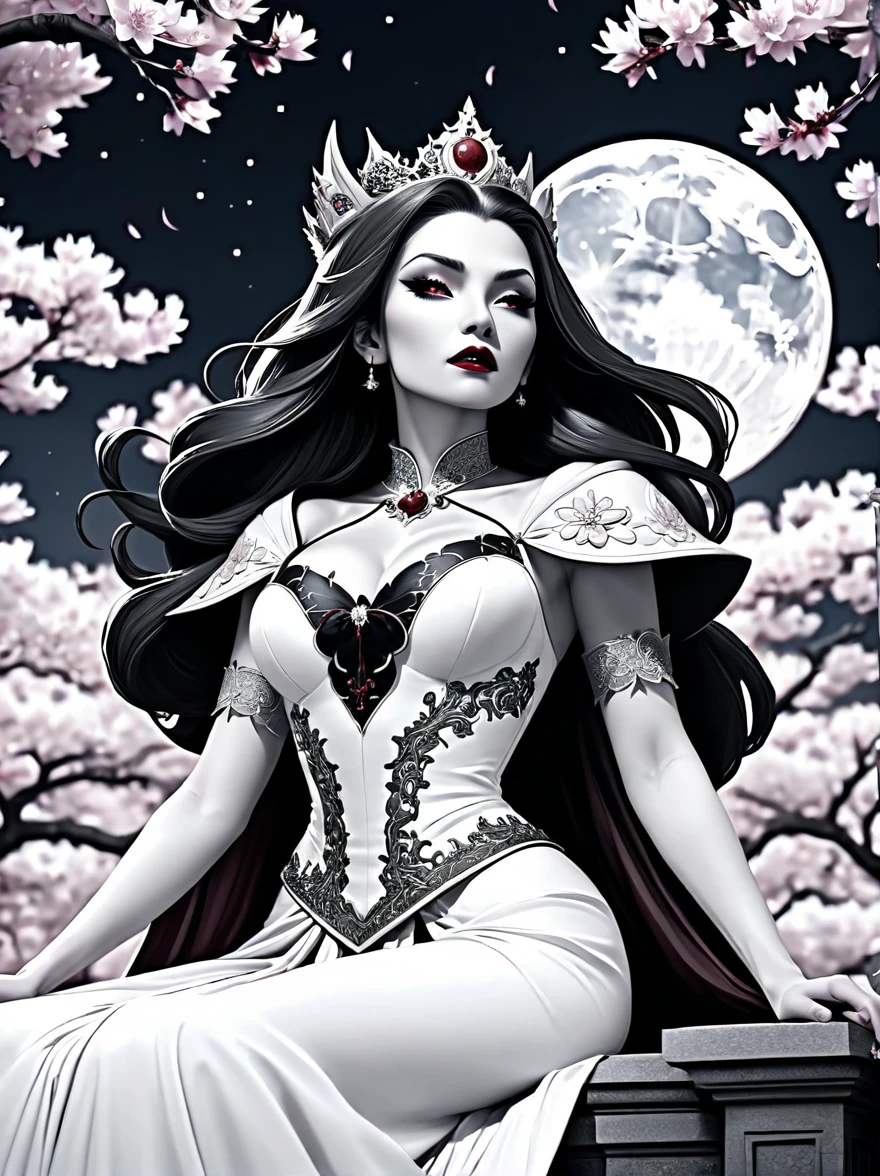 Arafed, dark fantasy art, goth art, a beautiful female vampire wearing a (blood stained white evening dress: 1.5), an extremely beautiful female vampire, ultra detailed face, black hair, long hair, wavy hair, dark glamour make up, pale skin, red lips, glowing red eyes, visible vampiric fangs, she wears a ((white evening dress: 1.5)), elegant, intricate detailed dress, silk dress, small cleavage, ((dress is decorated with gems: 1.4)), she wears elegant knee high heeled boots, exquisite knee high heeled boots, there are stains of blood on the upper part of the dress, dynamic background