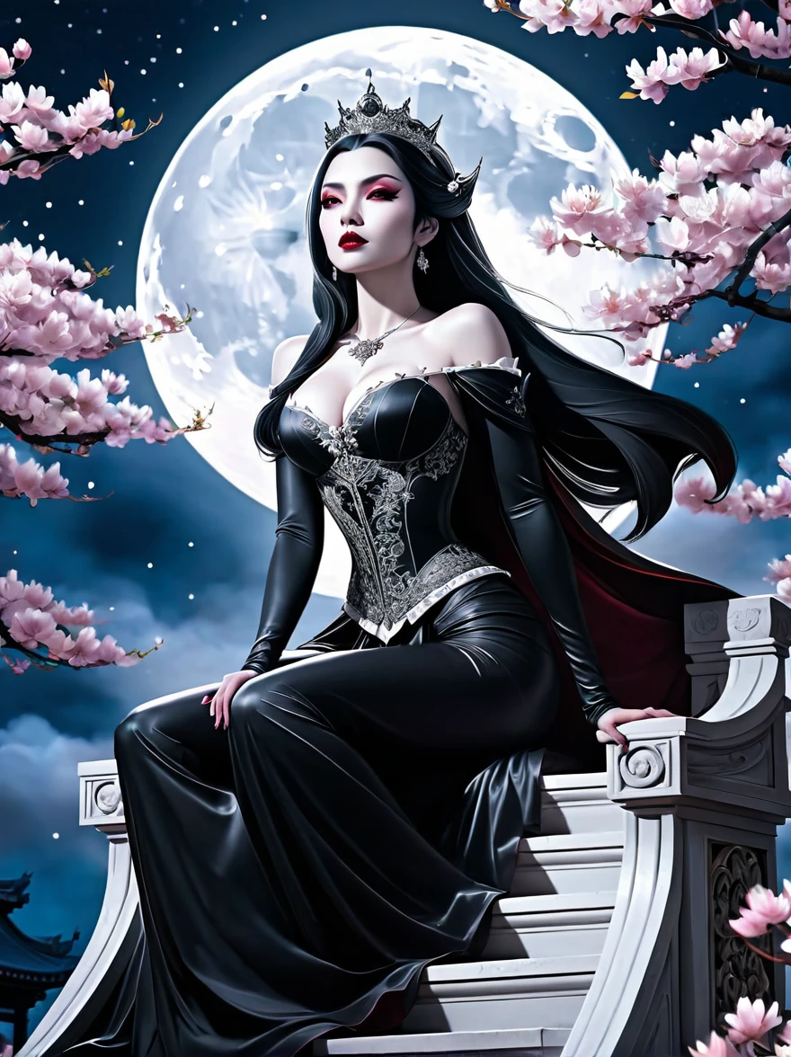 black and white lineart, LinhaAniAF, (low angle shot:1.3), (from front view:1.3), grand staircase rising towards the heavens, at the top a beautiful vampire queen ((sits on a menacing legendary throne)) (((gazing at viewer))), surrounded by cherry blossoms floating in the air, ethereal starry night sky as a background, the thick outlines emphasize his vampiric aura of power and dominance, a huge moon adds to it ((unearthly)) Presence, Unclothed, new,naked, breasts big