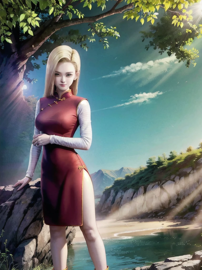 android 18,blonde hair,(((long hair))),blue eyes,((long slit red sexy cheongsam)), (Red),looking at the audience,face smile,close-up, portrait, river,rock, ,tree,blue sky,high quality,masterpiece,sexy body, sexy Red Dress, red,perfect big breasts, Hyperrealistic intricate detail, Cinematic, 8K resolution, 70mm, Accent Lighting, Global Illumination, Full body portrait, clean detailed faces,