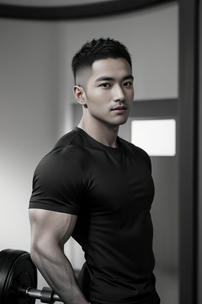 Masterpiece, best quality, high resolution, realistic, handsome, Take beautiful photos, Sayk, NRF, Photo of the 35 year old gym association (man:1.2) Portrait, standing in the gym , make military media, weight, Amazing , Buzzcut short hair,stubble head , (Hyper Muscle),looking at the audience, Flirt with the camera, charming, (Tight black exercise shirt ),(GS-Male:1), 8k uh