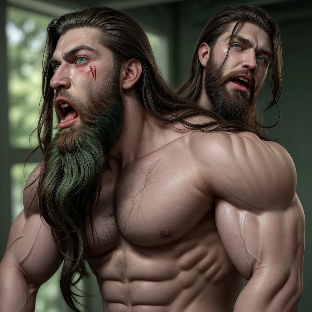 Bloody and screaming muscle god green eyes long hair beard