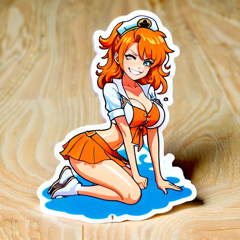 Character Stickers, STICKER, (solid outline:1.3), (NSFW:1.2), A detailed illustration of a vivid Sexy Nami from One Piece kneeling down, Nami with big breasts, see thru white top, nipples see thru, bare breasts, thin acrylic board, Nami character goods, Flat figure, 3D image, Sample images on product page, Acrylic stand and Acrylic base, acrylic panel, acrylic board, cowboy shot, full body portrait, Nami full body portrait , orange long hair, shear bra and mini-skirt type sailor uniform, Smile, summer clothes, Crazy cute, kneeling down, perfect eyes,