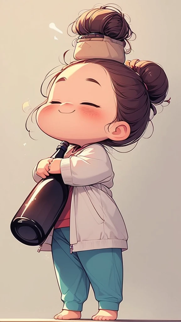 a cartoon character holding a wine bottle and celebrating with it as if it was a , 1girl, solo, bottle, white background, holding, long hair, blush, freckles, alcohol