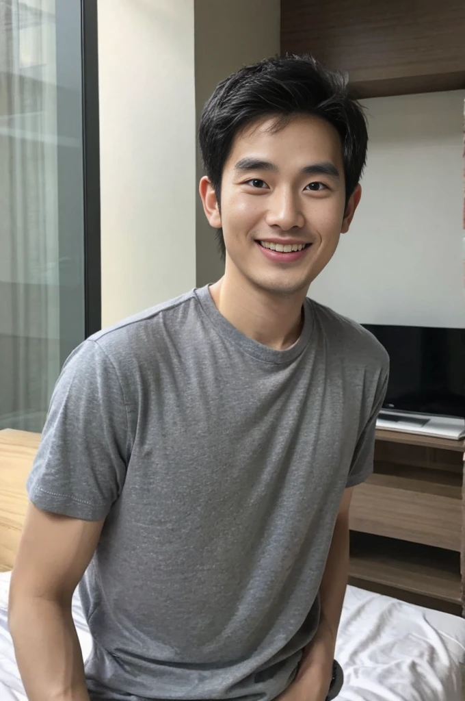 Korean man, Inspiration from Peng Yuyan, 30 years old, 236 years old, Cute Korean Face, 35 yo, 33 year old Korean muscular man,The bedroom is in the back. gray t-shirt, open mouth smile