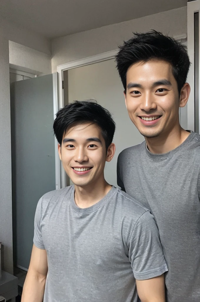 Korean man, Inspiration from Peng Yuyan, 30 years old, 236 years old, Cute Korean Face, 35 yo, 33 year old Korean muscular man,The bedroom is in the back. gray t-shirt, open mouth smile