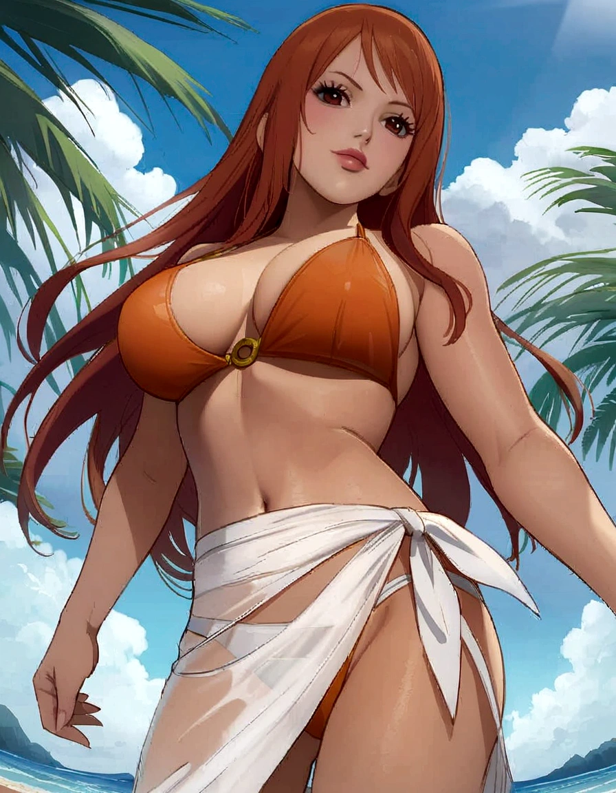 anime girl in bikini standing on the beach with palm trees, swimsuit, marin kitagawa fanart, beautiful portrait of nami, at the beach, is wearing a swimsuit, nami one piece, clean detailed anime art, in the beach, seductive anime girl, realistic bikini, at a beach, detailed anime character art, erza scarlet as a real person