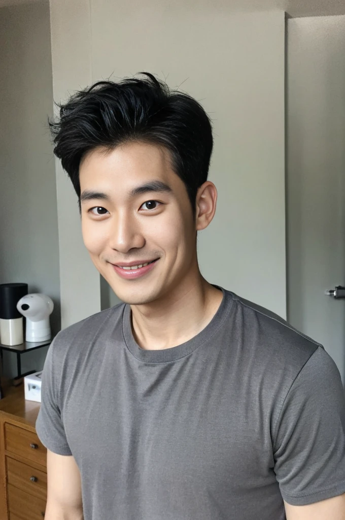 Korean man, Inspiration from Peng Yuyan, 30 years old, 236 years old, Cute Korean Face, 35 yo, 33 year old Korean muscular man,The bedroom is in the back. gray t-shirt, open mouth smile