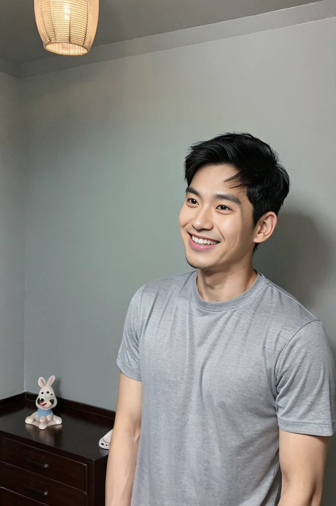 Korean man, Inspiration from Peng Yuyan, 30 years old, 236 years old, Cute Korean Face, 35 yo, 33 year old Korean muscular man，The bedroom is in the back. gray t-shirt, open mouth smile