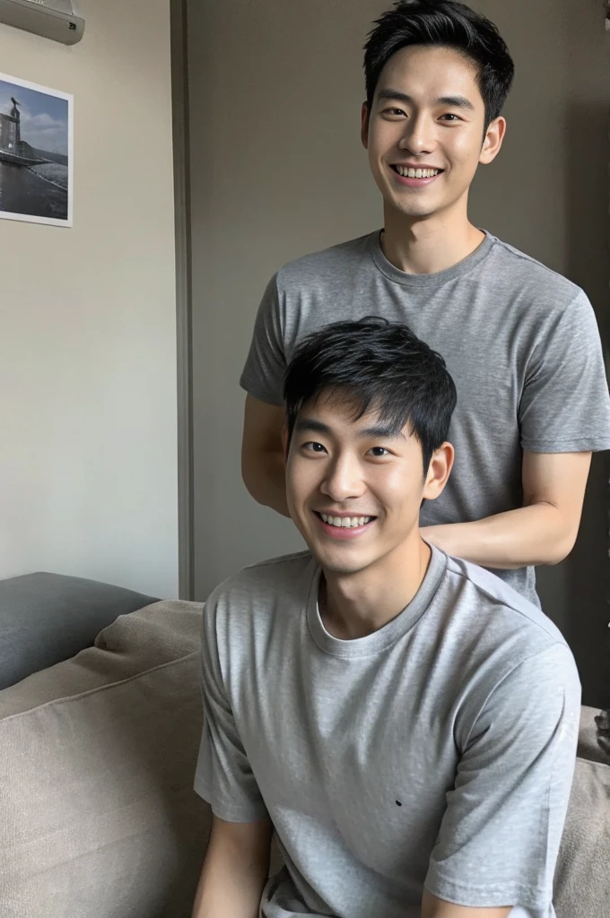 Korean man, Inspiration from Peng Yuyan, 30 years old, 236 years old, Cute Korean Face, 35 yo, 33 year old Korean muscular man,The bedroom is in the back. gray t-shirt, open mouth smile