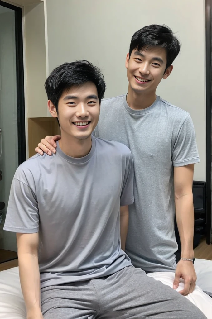 Korean man, Inspiration from Peng Yuyan, 30 years old, 236 years old, Cute Korean Face, 35 yo, 33 year old Korean muscular man，The bedroom is in the back. gray t-shirt, open mouth smile