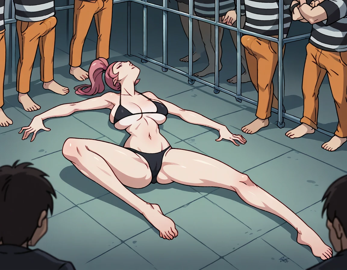 Masterpiece , best quality , Masterpiece , best quality , 1 woman , bulge , Pink ponytail , be unconscious , black bikini , abdomen , big breasts , Long legs , Barefoot , Lie down on the floor. , spread your legs , People crowded around nearby. , prison