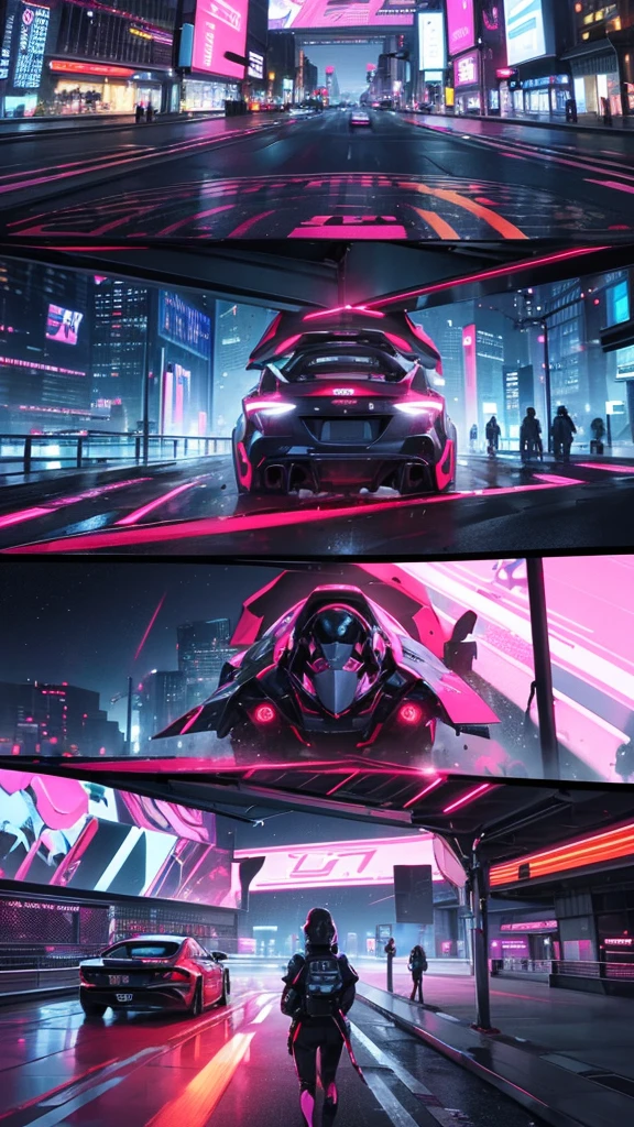 "Generate a highly detailed image of a futuristic Toyota Supra racing through a vibrant, neon-lit cyberpunk cityscape at night. The Supra should have sleek, aerodynamic modifications, glowing underbody lights, and intricate, futuristic decals. The city should be alive with towering skyscrapers adorned with holographic billboards displaying advertisements in various bright colors. In the sky, include flying vehicles with glowing trails and drones hovering around. The streets should be wet, reflecting the neon lights, and bustling with pedestrians in futuristic attire, adding a dynamic, immersive feel to the scene."