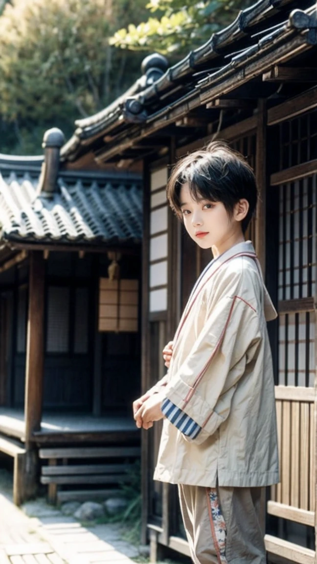 A young Japanese boy in traditional early 20th century clothing, standing in a rural village in Wakayama, Japan. The background shows typical wooden houses and nature. Early 1900s aesthetic, sepia tone.