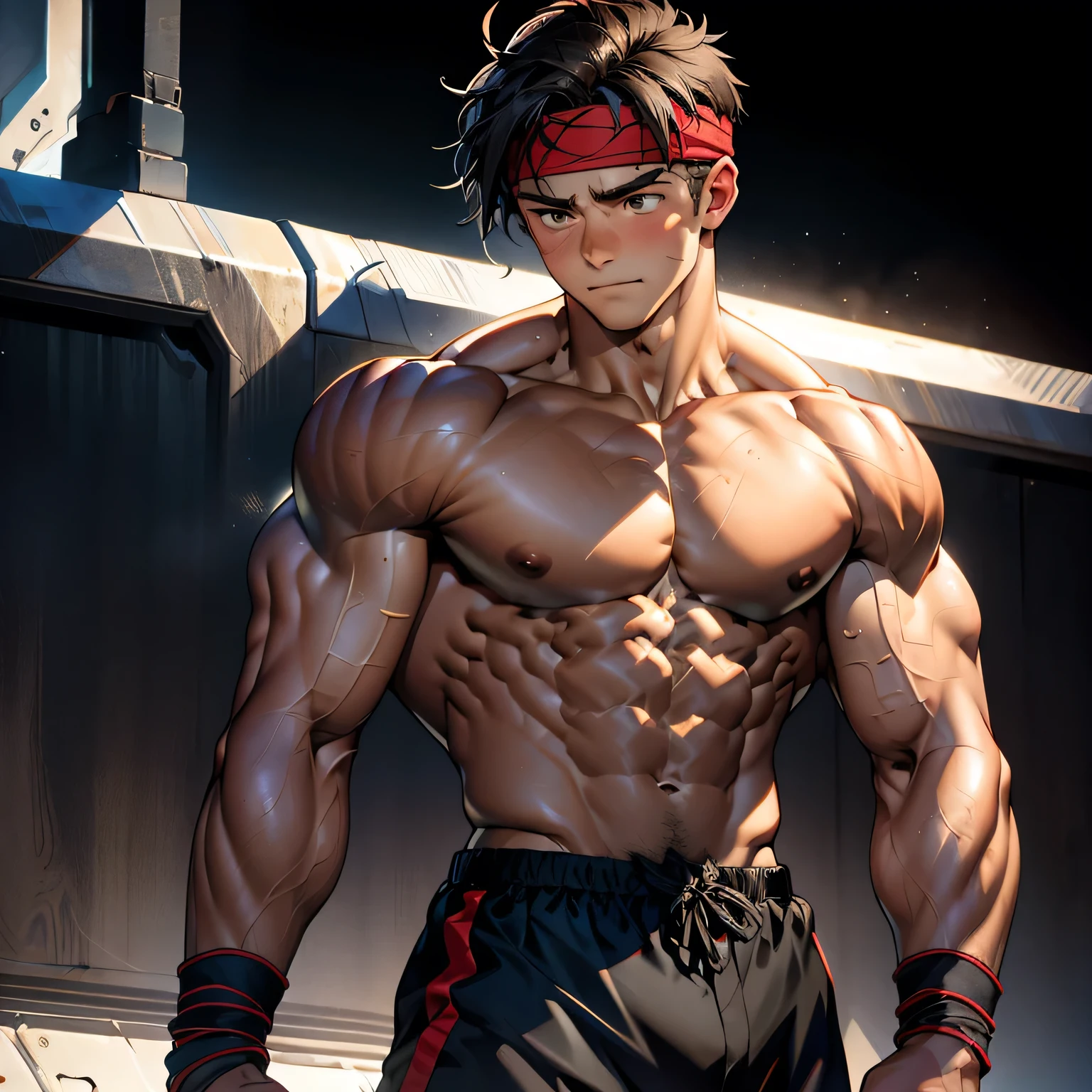 (Masterpiece, Best quality  boy, black background, cowboy shot, looking away), ((((solo, be tied behind his back)))), Young, boy, muscler, Shirtless, (Dark Short straight hair, almost completely shaved hair, under cut, brown eyes), (red headband), ((hot Abs:1.2, big breast:1.2, upper arms, jacked muscle, beautiful musculature, aesthetic striations, inspirational physique, lean muscle, square pecs, beautiful v-taper, great abs and torso), Vivid colors, detailed face, detailed muscle, (((rippling muscles, struggle, combats, ready to fight)))