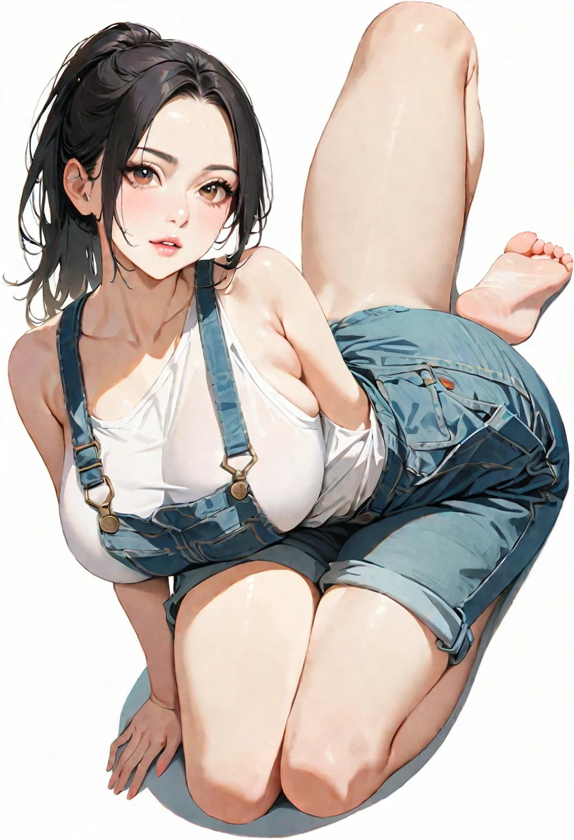 30 years old,1 mature woman,hyperrealistic, 8k, (extremely detailed 8k), (very delicate and beautiful), (masterpiece), (better quality:1.0), (ultra high resolution:1.0), (masterpiece, best quality),cute,black hair,big breasts,ponytail,POV,overalls,full body,white background,