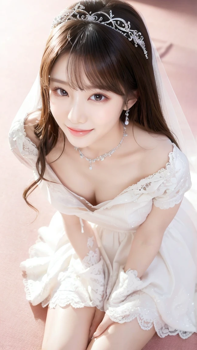 (Highest quality、Tabletop、8K、Best image quality、Award-winning works)、One beautiful bride、(alone:1.1)、(The most extravagant and gorgeous huge pure white wedding dress:1.1)、(Perfect Wedding Lace:1.2)、(The most gorgeous and luxurious giant tiara:1.1)、(The most extravagant and luxurious giant necklace:1.1)、あなたの最高の笑顔で私をplease look、The finest jewellery decoration、Perfect Makeup、Long eyelashes、Ultra HD Shining Eyes、Ultra HD Hair、Ultra-high resolution glossy lips、Ultra High Resolution Perfect Teeth、Super high resolution beautiful face、(Accurate anatomy:1.1)、Very bright and beautiful skin、very bright and vivid、Perfect beautiful bridal hairstyles、(Front facing body:1.1)、(Solid pink background:1.2)、Cleavage、nude、(The 肖像画 was taken from above the lying body: 1.3)、(( M-shaped legs spread, please look )))), (Show me your legs spread wide: 1.5), Real nipples, real open, (女性のマンコ汁がカメラにsquirtしている:1.2), Beautiful 20 year old Japanese girl, Stimulating the clitoris, masturbating and fingering, orgasm, Detailed facial features,(Front view), (squirt from pussy:1.2), (squirt:1.2), Remove the shoulder straps to expose your chest, (Showing realistic beautiful nipples:1.5)