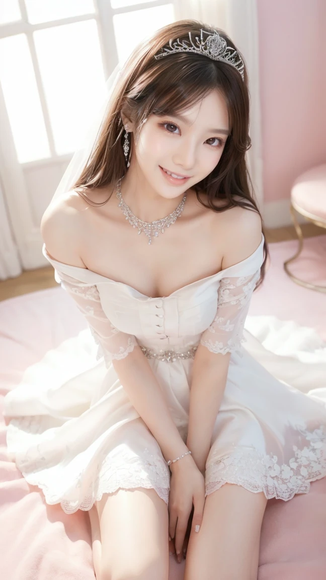 (Highest quality、Tabletop、8K、Best image quality、Award-winning works)、One beautiful bride、(alone:1.1)、(The most extravagant and gorgeous huge pure white wedding dress:1.1)、(Perfect Wedding Lace:1.2)、(The most gorgeous and luxurious giant tiara:1.1)、(The most extravagant and luxurious giant necklace:1.1)、あなたの最高の笑顔で私をplease look、The finest jewellery decoration、Perfect Makeup、Long eyelashes、Ultra HD Shining Eyes、Ultra HD Hair、Ultra-high resolution glossy lips、Ultra High Resolution Perfect Teeth、Super high resolution beautiful face、(Accurate anatomy:1.1)、Very bright and beautiful skin、very bright and vivid、Perfect beautiful bridal hairstyles、(Front facing body:1.1)、(Solid pink background:1.2)、Cleavage、nude、(The 肖像画 was taken from above the lying body: 1.3)、(( M-shaped legs spread, please look )))), (Show me your legs spread wide: 1.5), Real nipples, real open, (女性のマンコ汁がカメラにsquirtしている:1.2), Beautiful 20 year old Japanese girl, Stimulating the clitoris, masturbating and fingering, orgasm, Detailed facial features,(Front view), (squirt from pussy:1.2), (squirt:1.2), Remove the shoulder straps to expose your chest, (Showing realistic beautiful nipples:1.5)