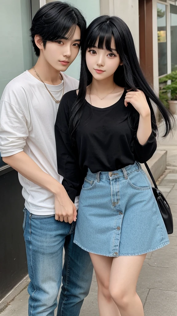 Anime boy and girl, who are best friends, have black hair, look very cute, age of 26 years, korean style