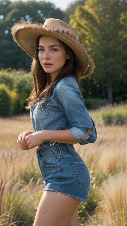 A cowgirl in a field, candid photo, beautiful detailed eyes, beautiful detailed lips, extremely detailed face and skin, long eyelashes, cowgirl hat, cowgirl boots, natural light, natural outdoor setting, cinematic lighting, warm color palette, high resolution, photorealistic, (best quality,4k,8k,highres,masterpiece:1.2),ultra-detailed,(realistic,photorealistic,photo-realistic:1.37)