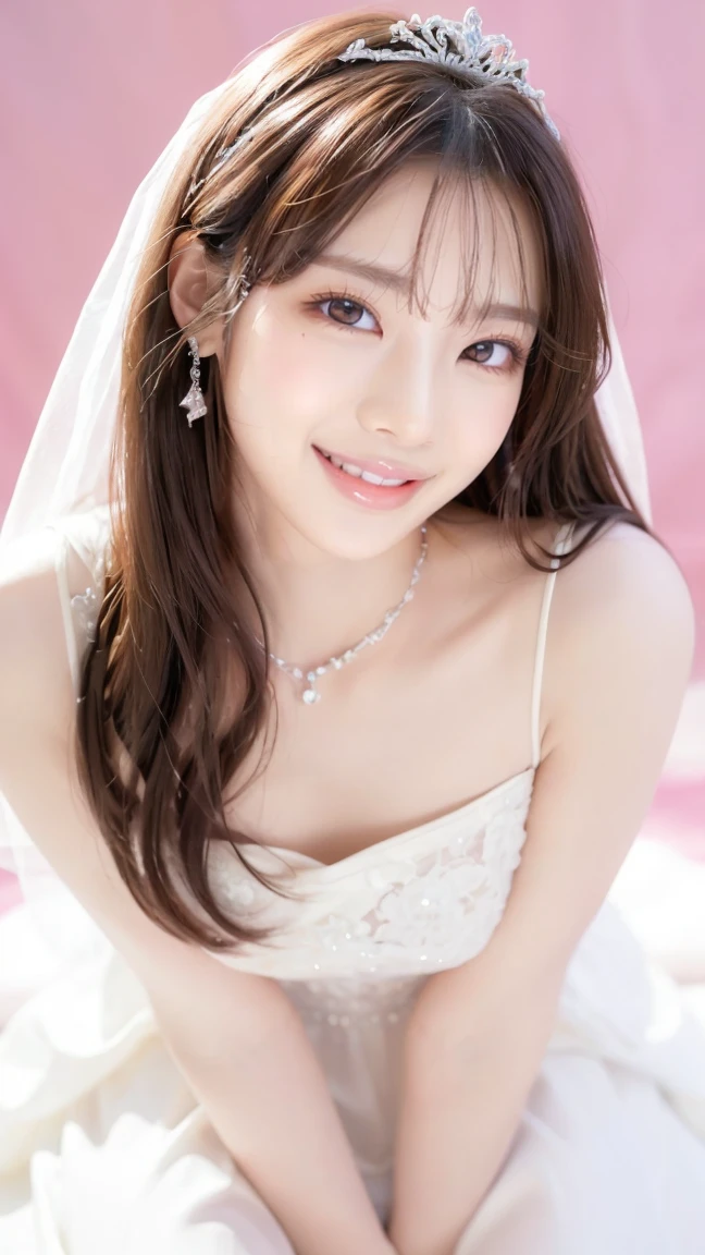(Highest quality、Tabletop、8K、Best image quality、Award-winning works)、One beautiful bride、(alone:1.1)、(The most extravagant and gorgeous huge pure white wedding dress:1.1)、(Perfect Wedding Lace:1.2)、(The most gorgeous and luxurious giant tiara:1.1)、(The most extravagant and luxurious giant necklace:1.1)、あなたの最高の笑顔で私をplease look、The finest jewellery decoration、Perfect Makeup、Long eyelashes、Ultra HD Shining Eyes、Ultra HD Hair、Ultra-high resolution glossy lips、Ultra High Resolution Perfect Teeth、Super high resolution beautiful face、(Accurate anatomy:1.1)、Very bright and beautiful skin、very bright and vivid、Perfect beautiful bridal hairstyles、(Front facing body:1.1)、(Solid pink background:1.2)、Cleavage、nude、(The 肖像画 was taken from above the lying body: 1.3)、(( M-shaped legs spread, please look )))), (Show me your legs spread wide: 1.5), Real nipples, real open, (女性のマンコ汁がカメラにsquirtしている:1.2), Beautiful 20 year old Japanese girl, Stimulating the clitoris, masturbating and fingering, orgasm, Detailed facial features,(Front view), (squirt from pussy:1.2), (squirt:1.2), Remove the shoulder straps to expose your chest, (Showing realistic beautiful nipples:1.5)