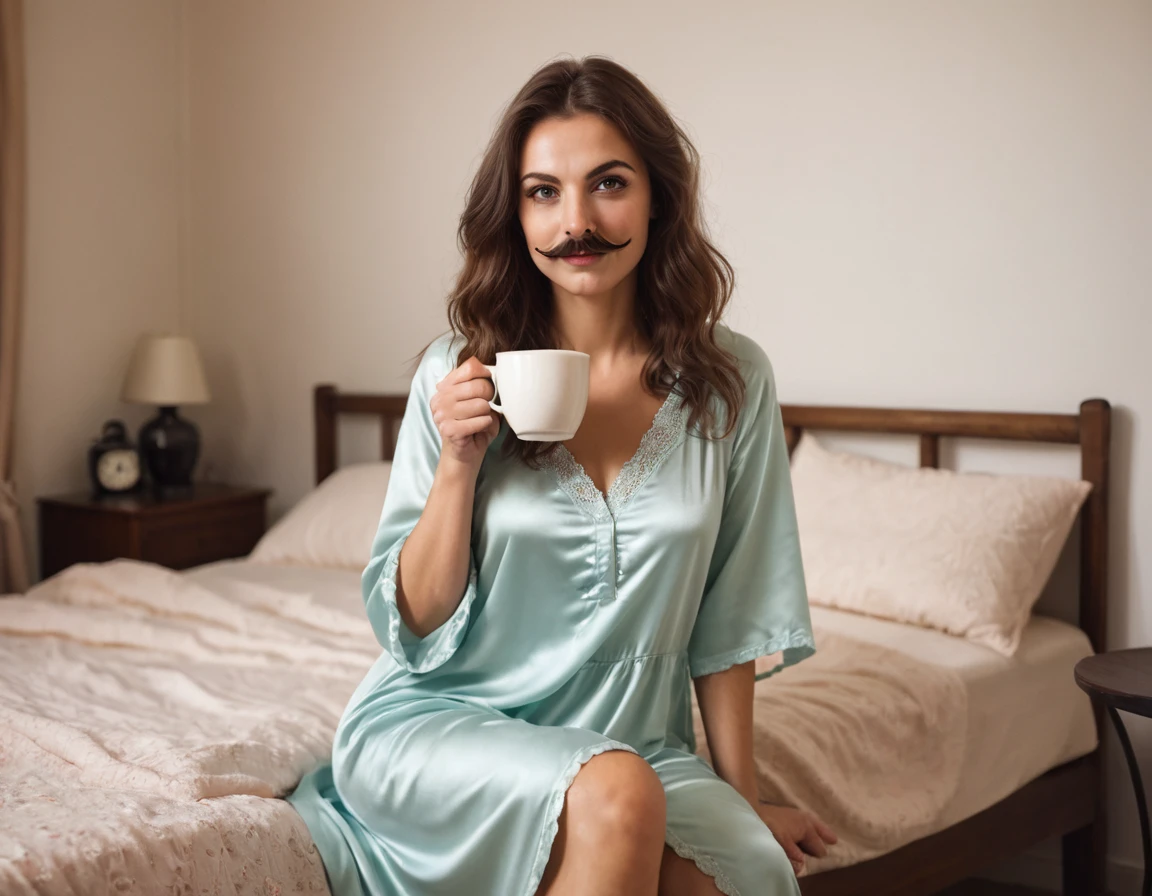 stubble beard woman with mustach, brown hair, amber eyes, in nightgown, drinks coffee