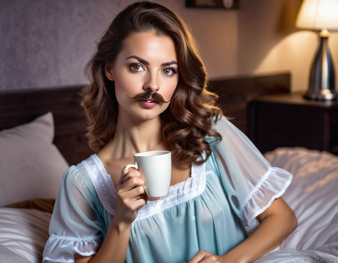 stubble beard woman with mustach, brown hair, amber eyes, in nightgown, drinks coffee