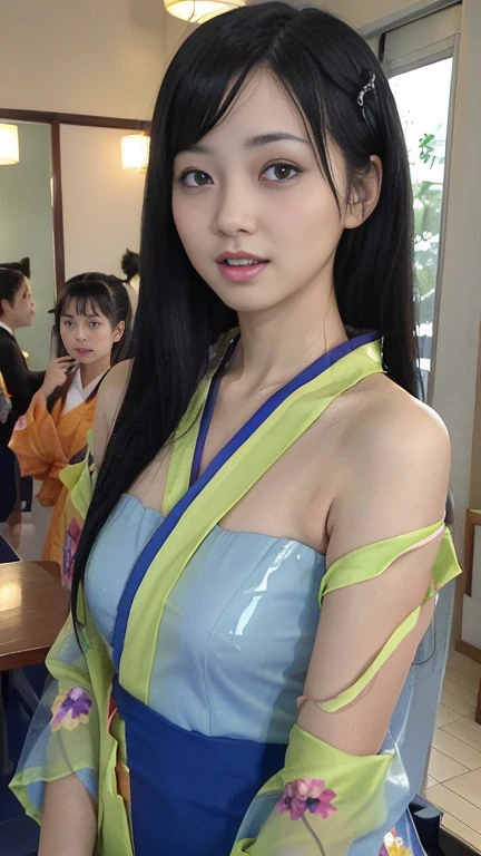 最high quality、high quality、best image quality、8K、最High resolution、High resolution、最high quality、masterpiece、realistic pictures、RAW photo、realistic atmosphere、(detailed face)、(fine hands、thumb1reference4)、(beauty of japan )、very nice face、cute face、((beautiful japanese girl))、(woman), ((18 year old beautiful girl))、(glossy black hair)、(straight long hair)、(ponytail)、whole body、slim style、(shiny skin)、(Fair skin, Glossy skin)、real human skin、realistic human body structure、perfect body, perfect face, perfect hands, perfect fingers, perfect lips, perfect eyes,perfect teeth、perfect background, perfect atmosphere, soft natural light、samurai kimono、maiko kimono、servant、geisha kimono、japanese kimono、Furisode、kimono、Yukata、japanese traditional、((There is a very large mirror in the room.))、((The girl in front of the mirror and the girl behind the mirror are identical twins..))、((The twin girls are facing each other with a mirror between them.))、((twin girls have the same appearance(The same face、same hairstyle、Same body type、Dress the same、Same pose))、((Twin girls are playing and imitating each other(pantomime))、((colorful transparent see-through(flowery kimono、Hakama with side slits))、Angle from a diagonal
