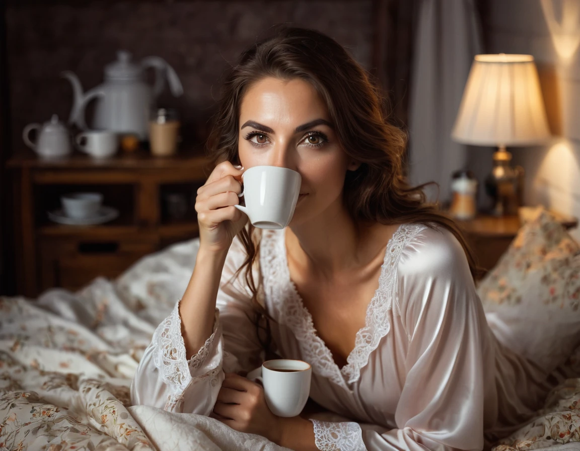 stubble beard woman with mustach, brown hair, amber eyes, in nightgown, drinks coffee